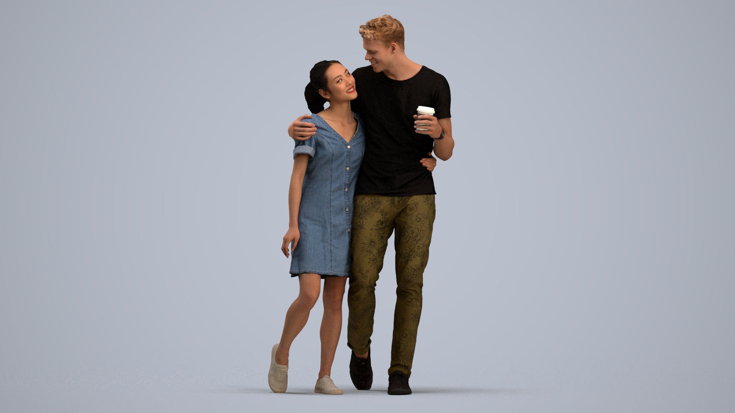 realistic 3D human woman casual couple, archviz people FBX OBJ for Blender, standing pose render