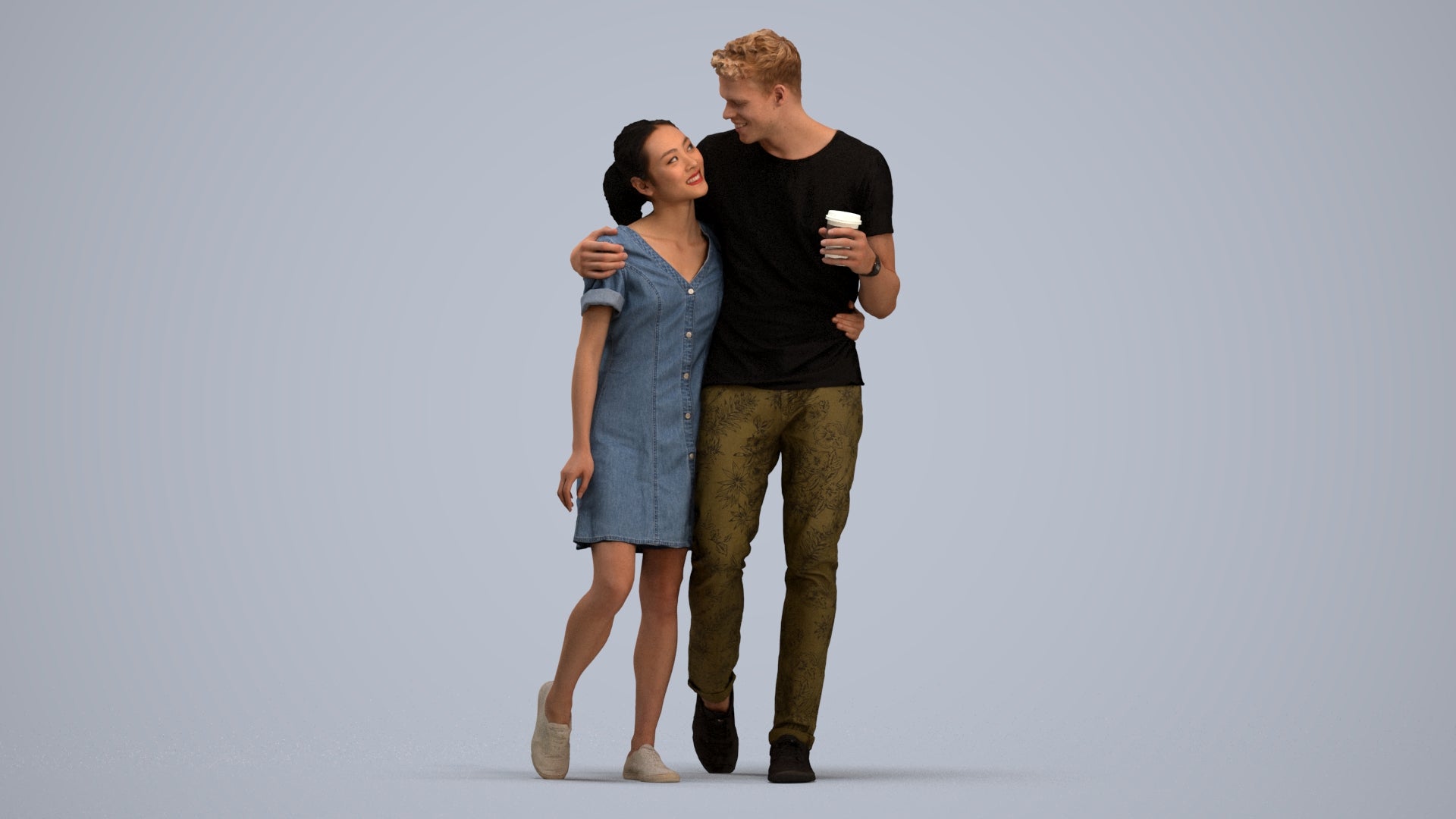 realistic 3D human woman casual couple, archviz people FBX OBJ for Blender, standing pose render
