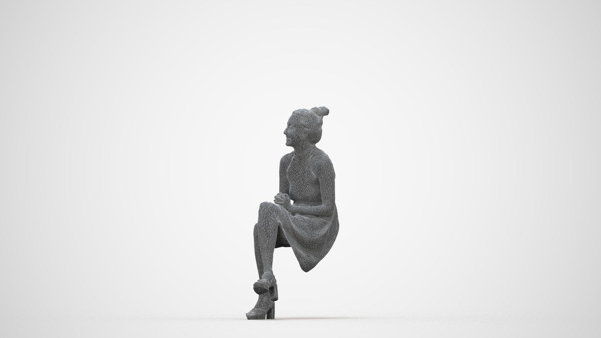 realistic 3D woman formal sitting, scanned archviz people for Blender and 3ds Max, wireframe back view