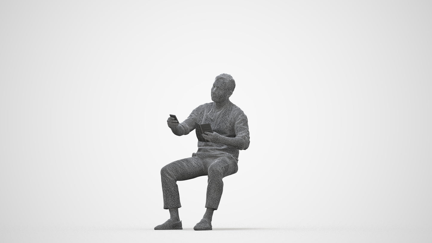photogrammetry 3D man casual sitting, realistic human model archviz FBX, wireframe back view