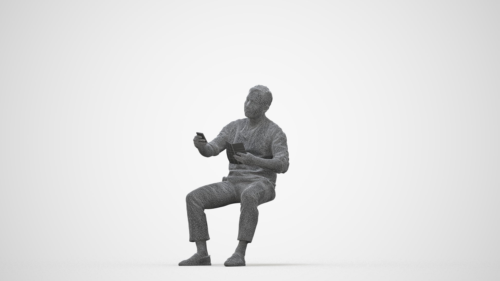 photogrammetry 3D man casual sitting, realistic human model archviz FBX, wireframe back view