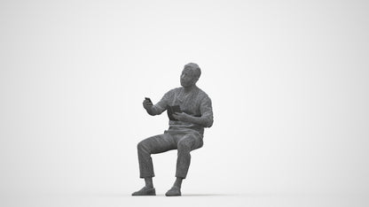 photogrammetry 3D man casual sitting, realistic human model archviz FBX, wireframe back view