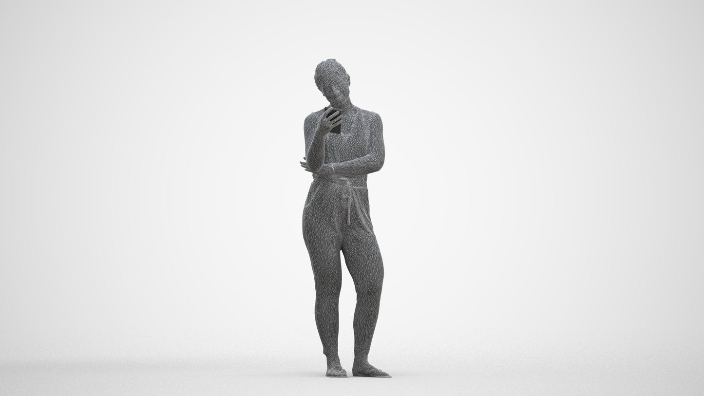 3D human model woman casual standing, photogrammetry scanned person for archviz, three-quarter front view render
