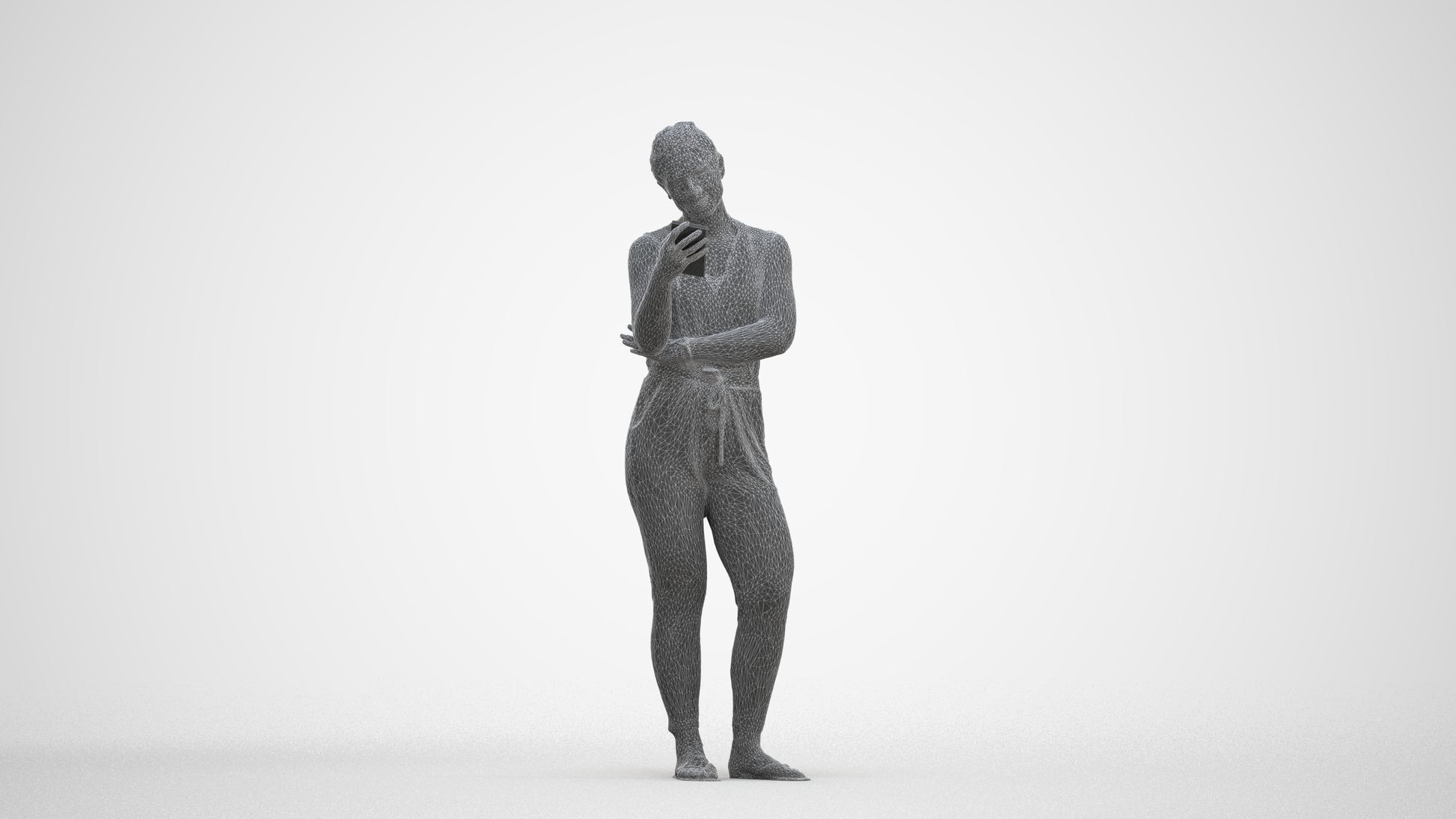 3D human model woman casual standing, photogrammetry scanned person for archviz, three-quarter front view render