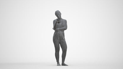 3D human model woman casual standing, photogrammetry scanned person for archviz, three-quarter front view render