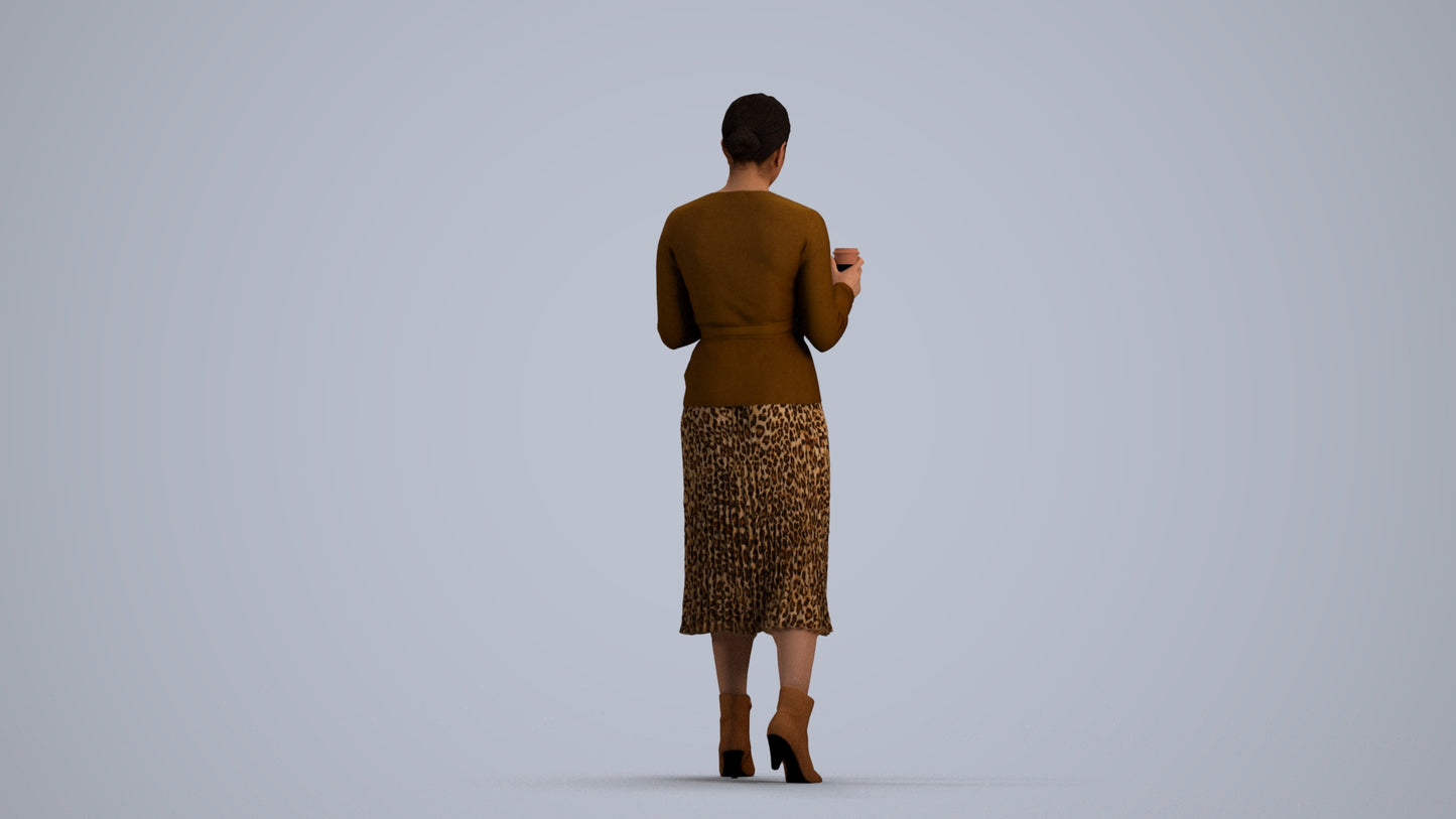 realistic 3D woman casual walking, scanned archviz people for Blender and 3ds Max, front view render
