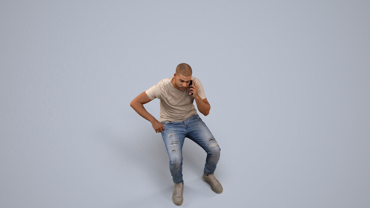 realistic 3D human man casual sitting, archviz people FBX OBJ for Blender, back view render