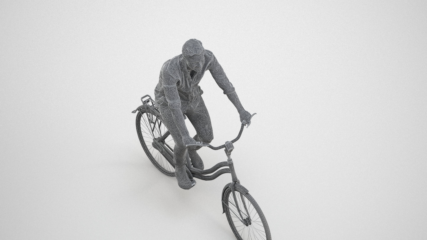 realistic 3D man casual cycling, scanned archviz people for Blender and 3ds Max, wireframe three-quarter view