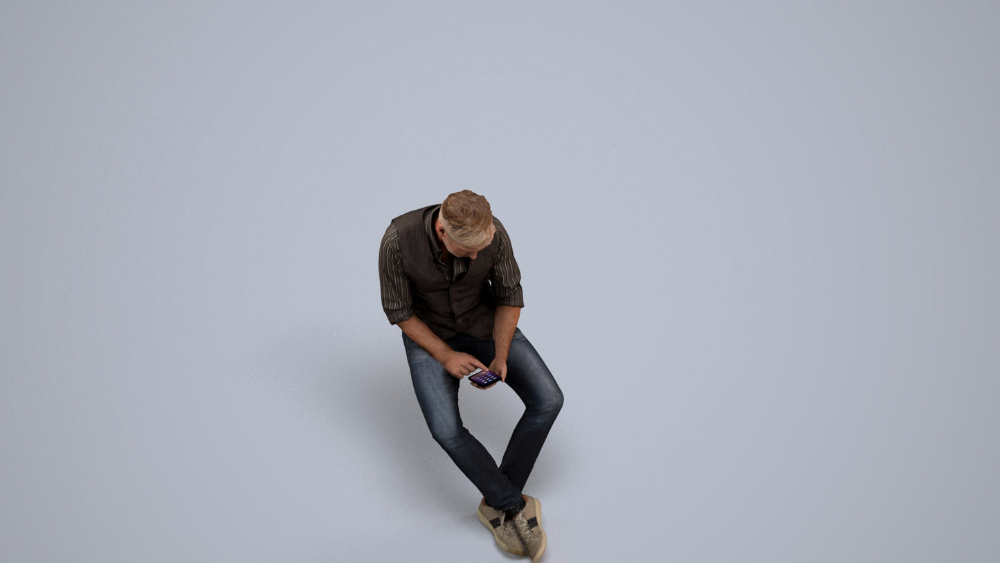 scanned 3D man casual sitting, photogrammetry people for Enscape and V-Ray, back view render