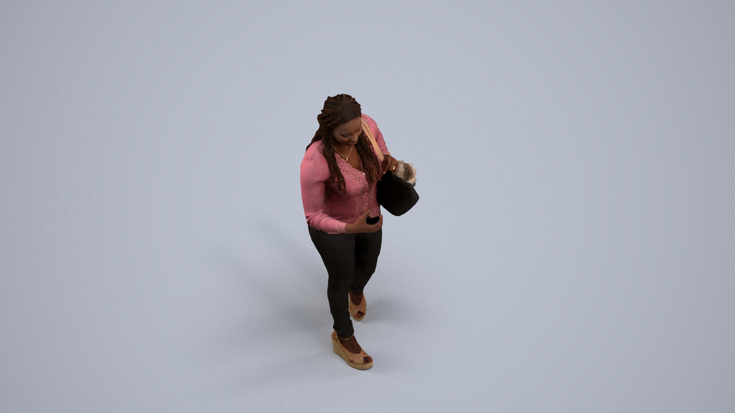 3D scanned woman walking casual, photorealistic archviz people for Enscape and SketchUp, back view render