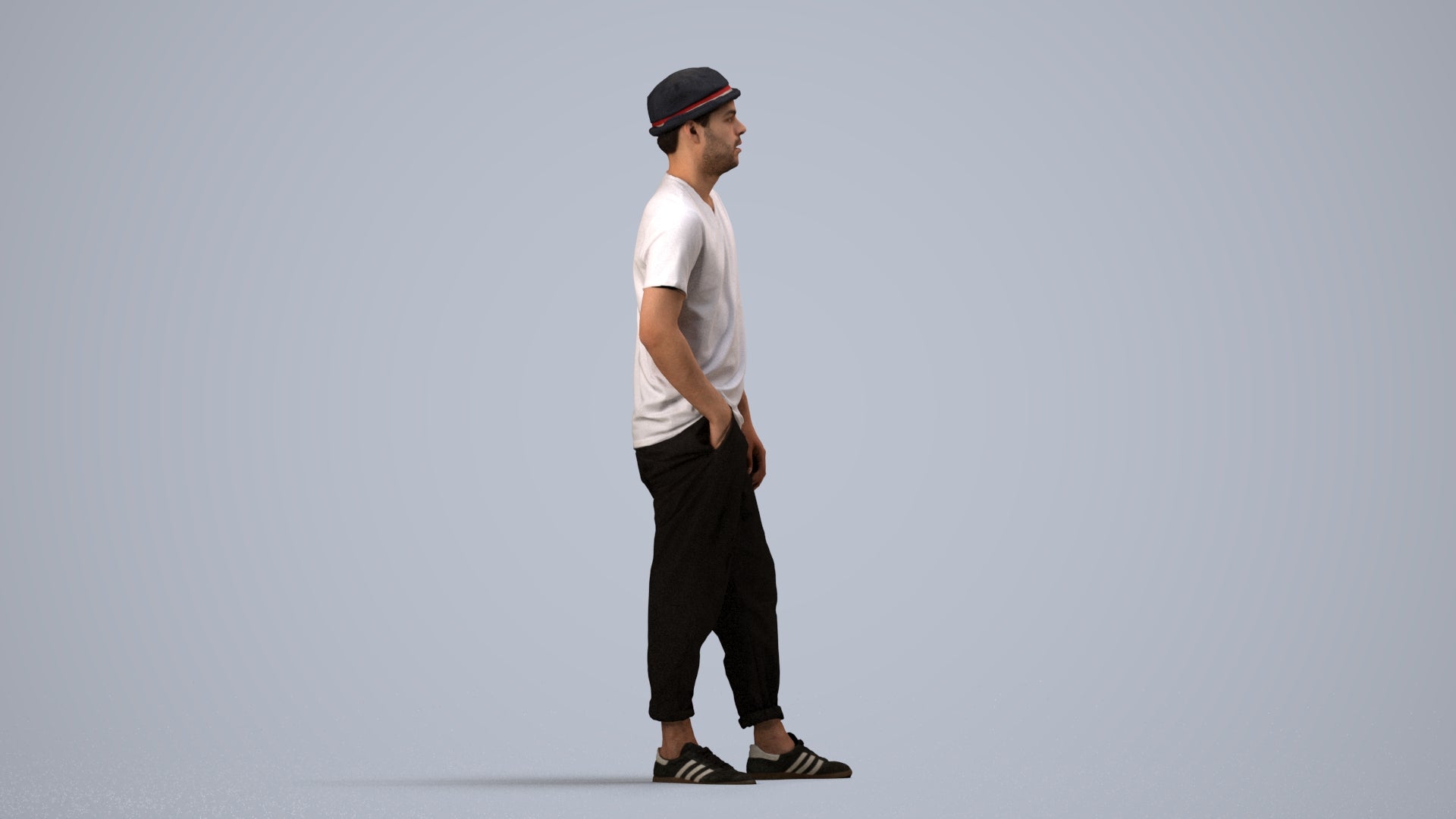realistic 3D human man casual standing, archviz people FBX OBJ for Blender, side view render
