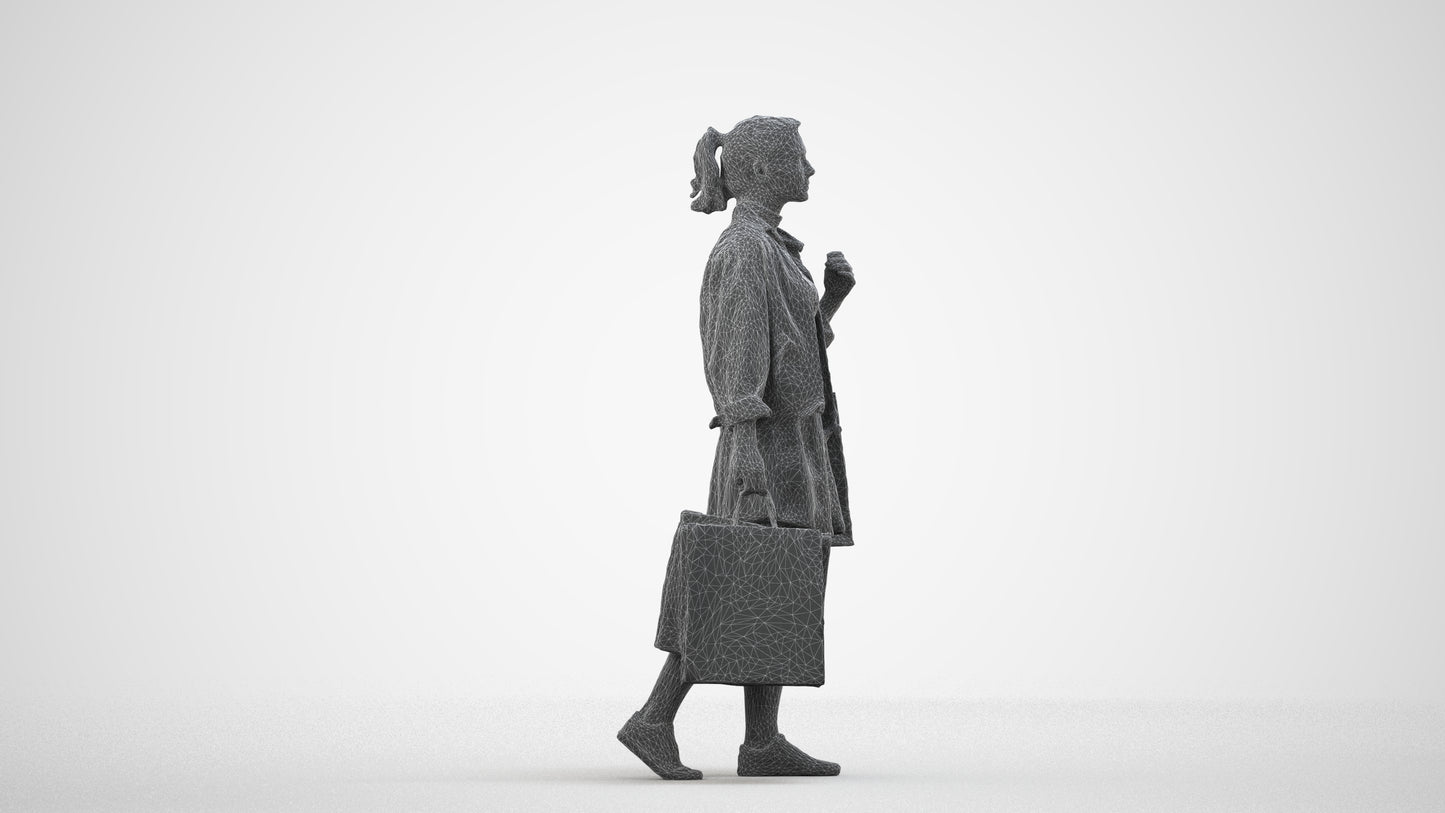 3D scanned woman shopping casual, photorealistic archviz people for Enscape and SketchUp, wireframe side view