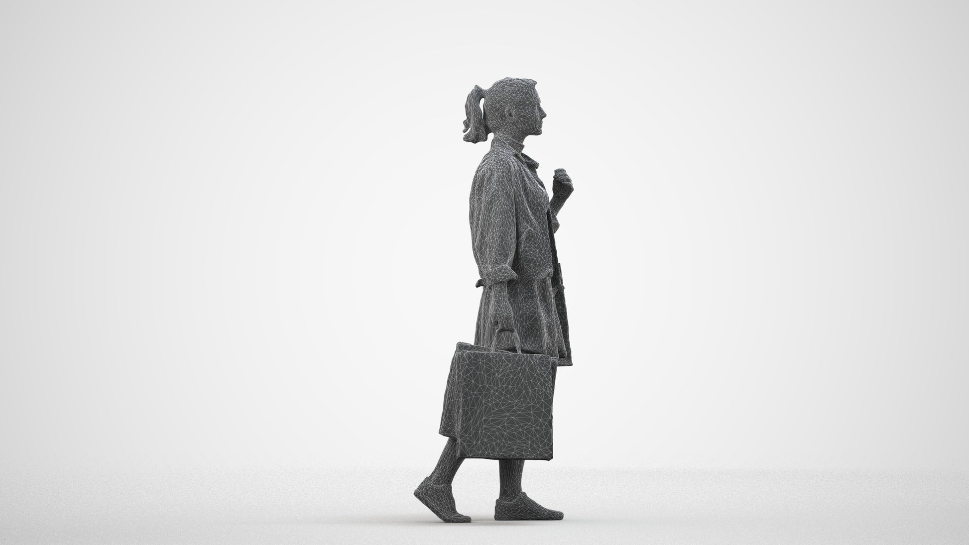 3D scanned woman shopping casual, photorealistic archviz people for Enscape and SketchUp, wireframe side view