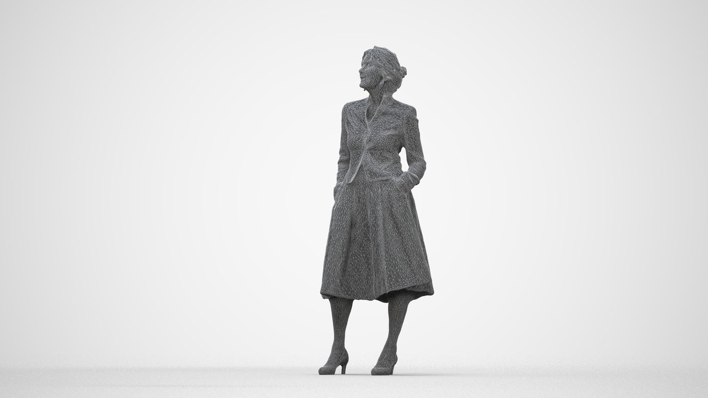 realistic 3D people senior woman business standing, render-ready for V-Ray and Corona, FBX OBJ, wireframe back view