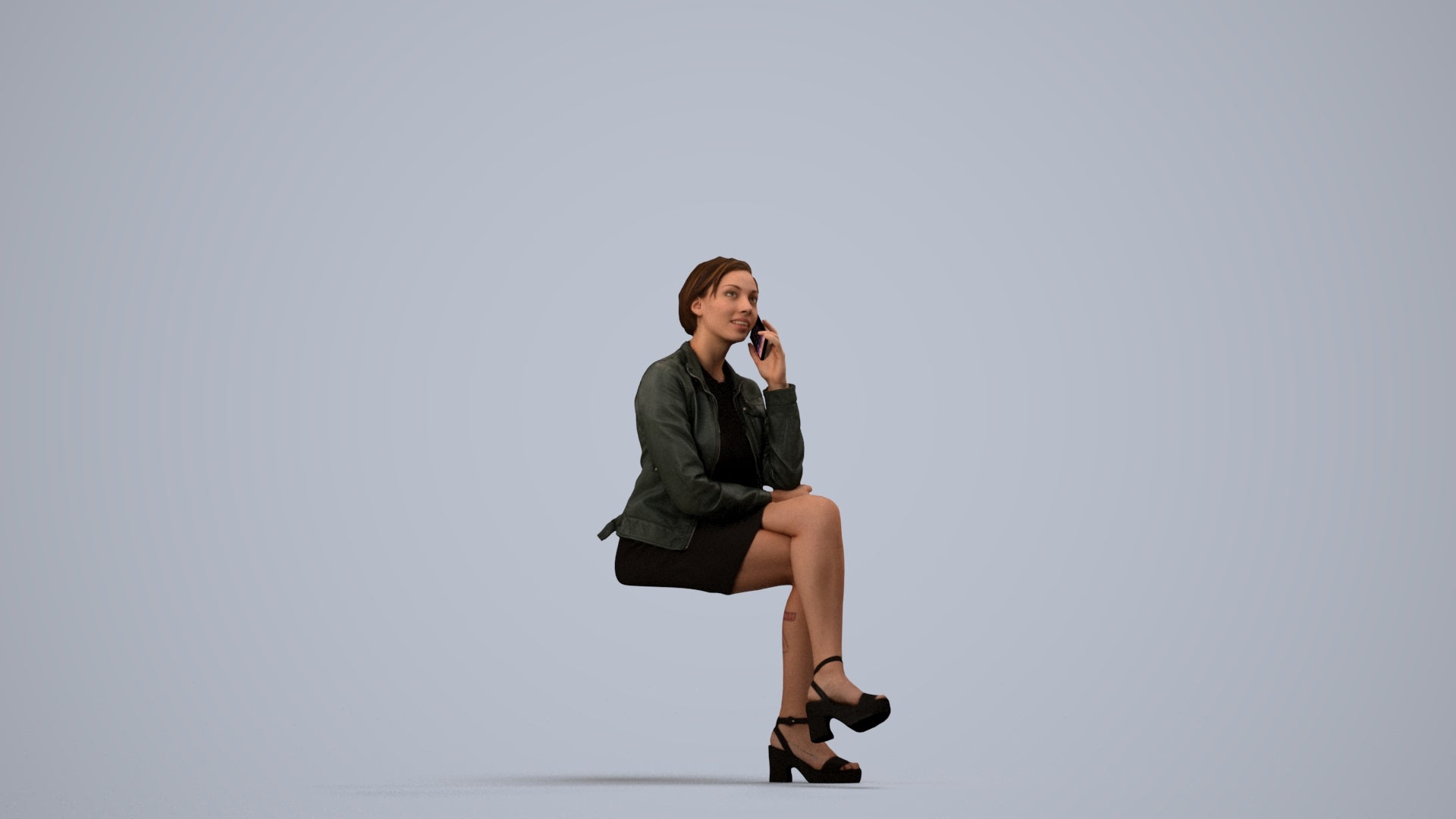 3D human model woman casual sitting, photogrammetry scanned person for archviz, side view render