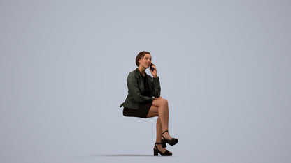 3D human model woman casual sitting, photogrammetry scanned person for archviz, side view render