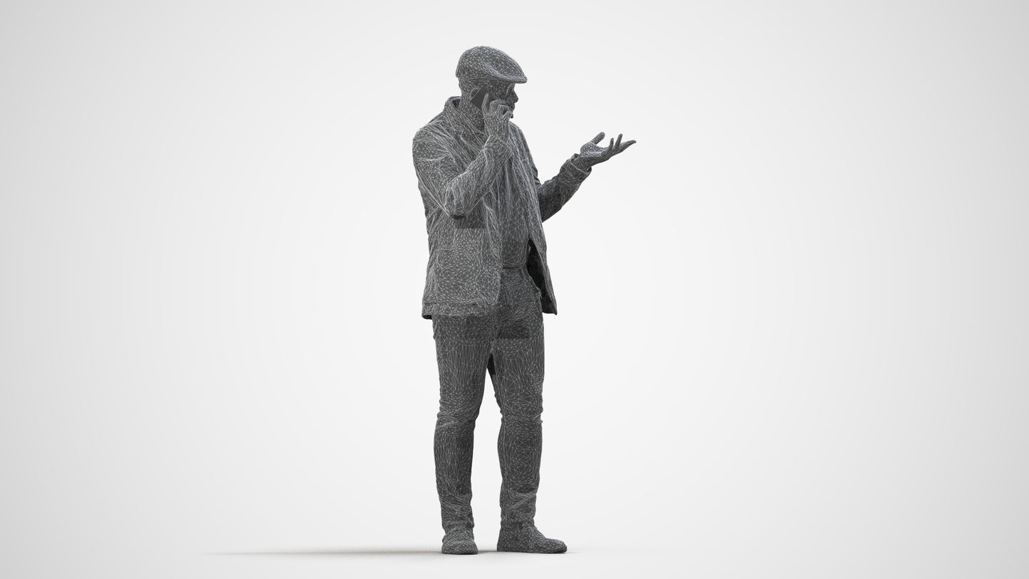 3D human model man casual standing, photogrammetry scanned person for archviz, wireframe side view