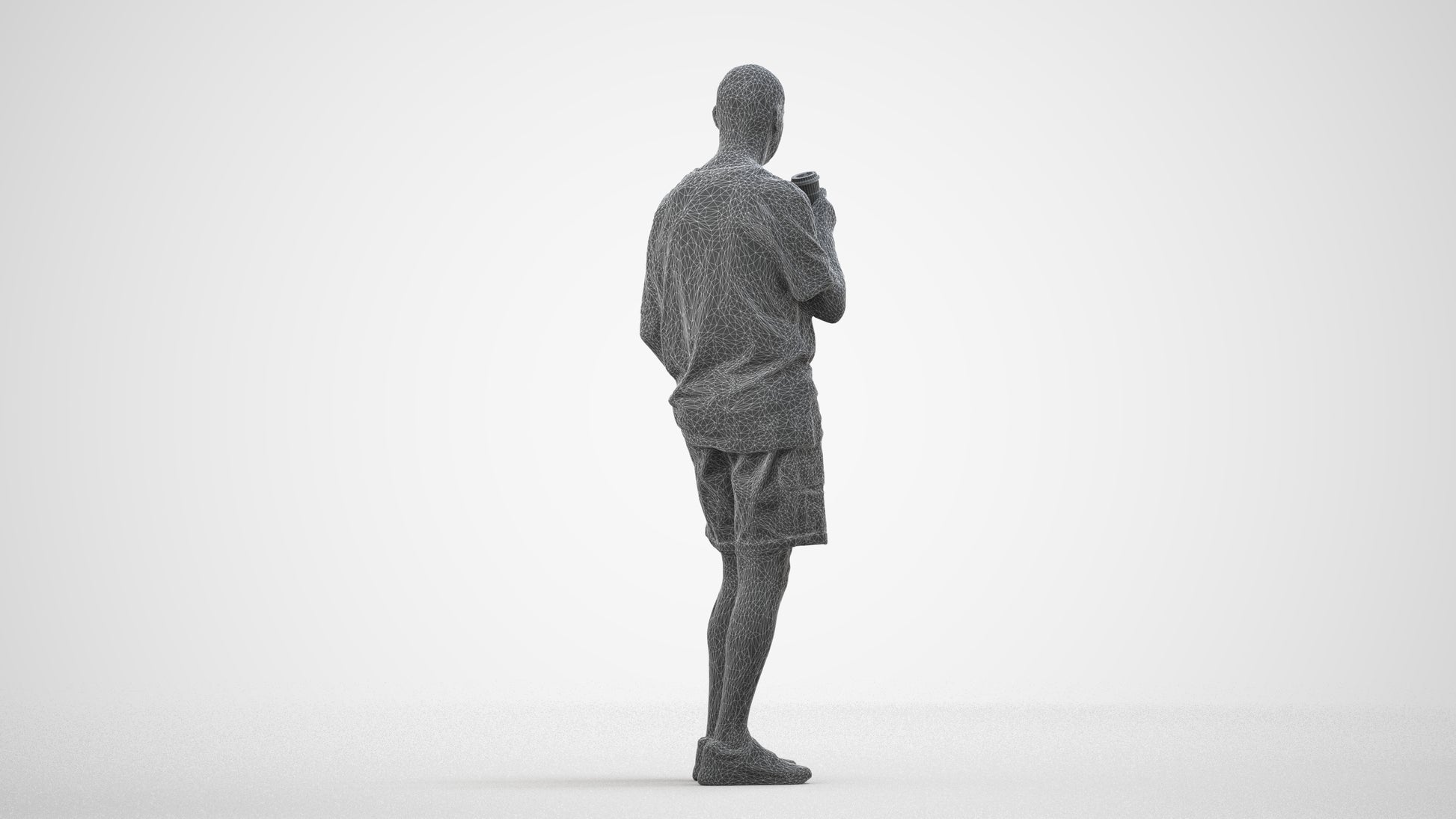 3D human model senior man casual standing, photogrammetry scanned person for archviz, wireframe side view