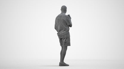 3D human model senior man casual standing, photogrammetry scanned person for archviz, wireframe side view