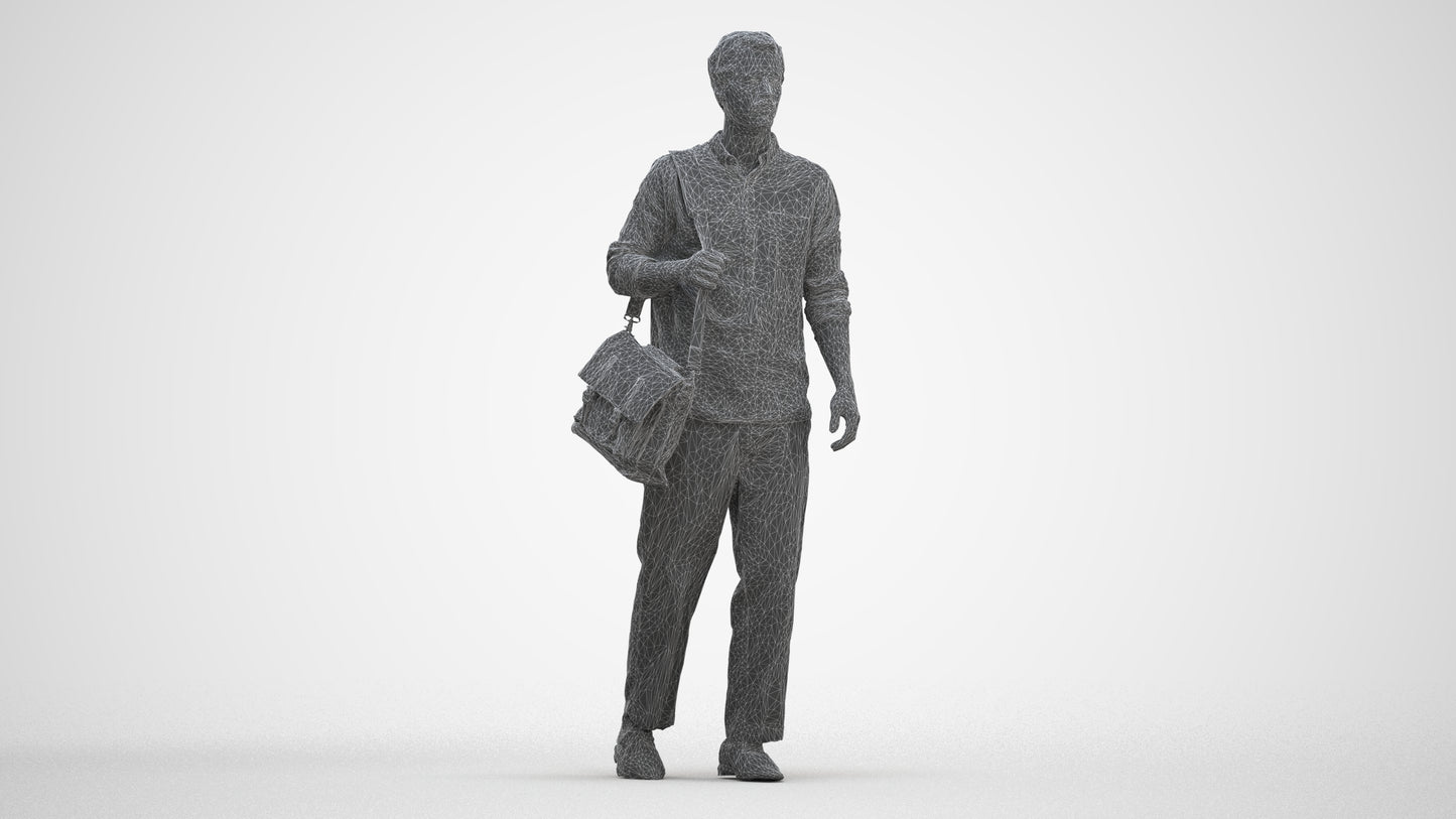photogrammetry 3D man casual walking, realistic human model archviz FBX, three-quarter front view render
