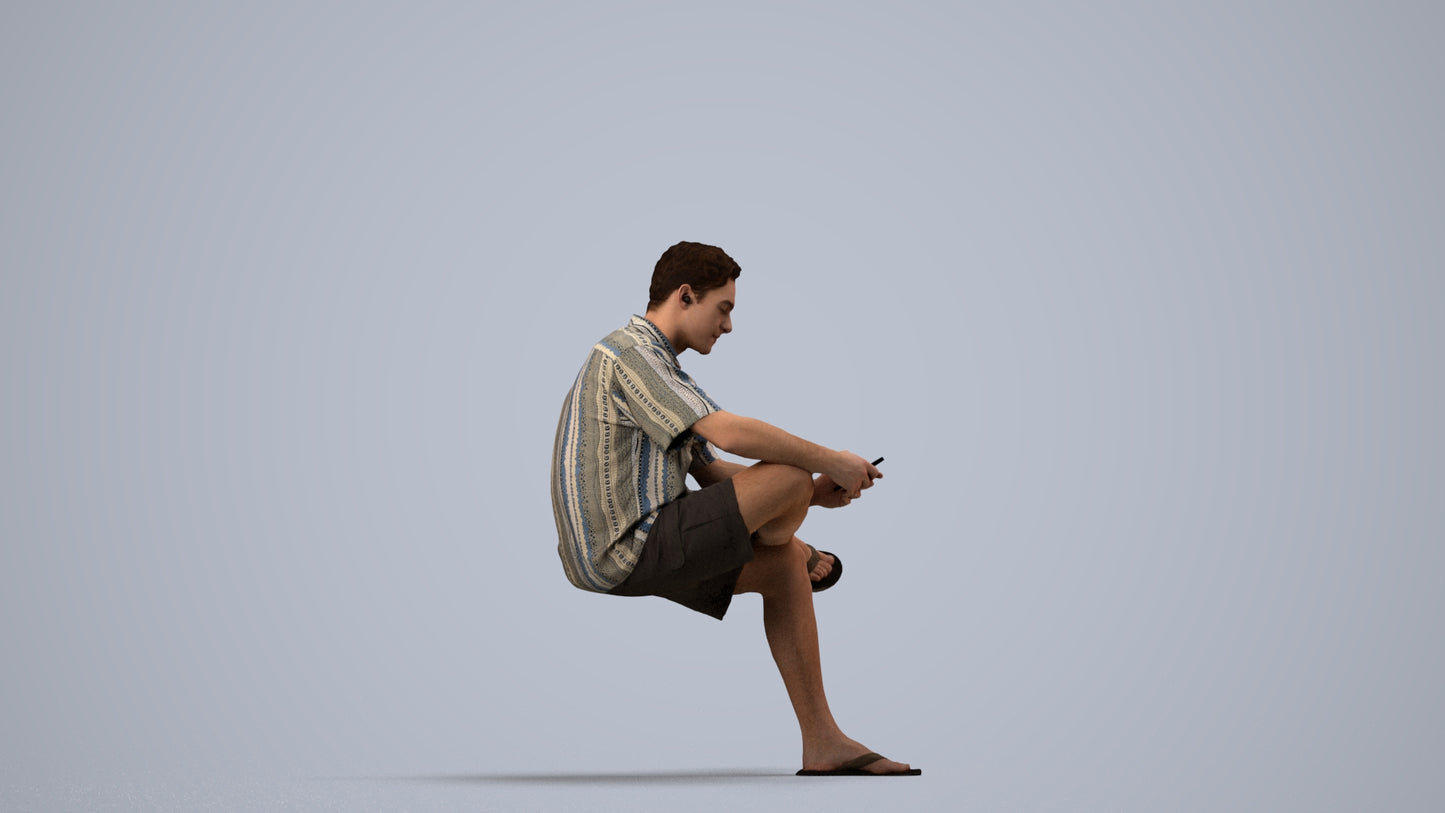 realistic 3D man casual sitting, scanned archviz people for Blender and 3ds Max, side view render