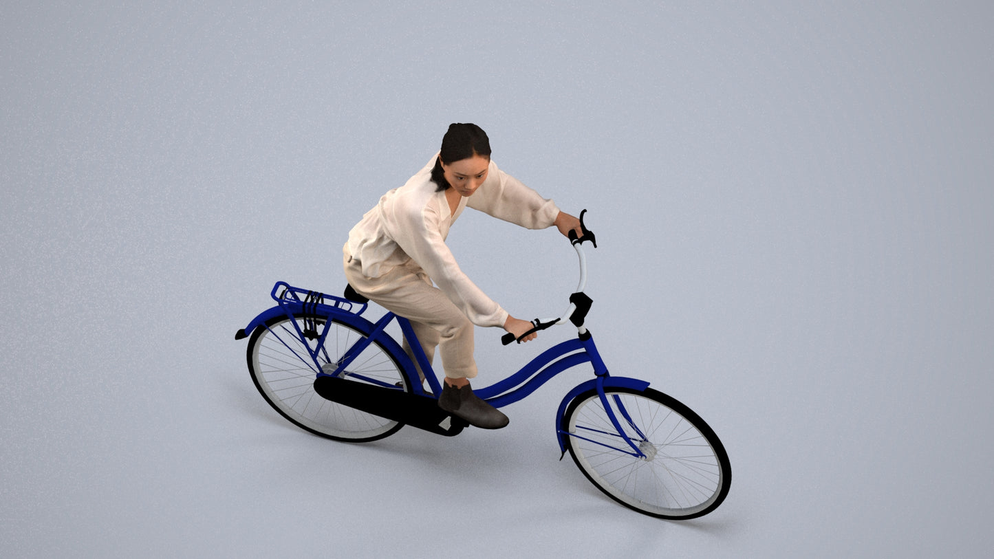 3D human model woman casual cycling, photogrammetry scanned person for archviz, back view render