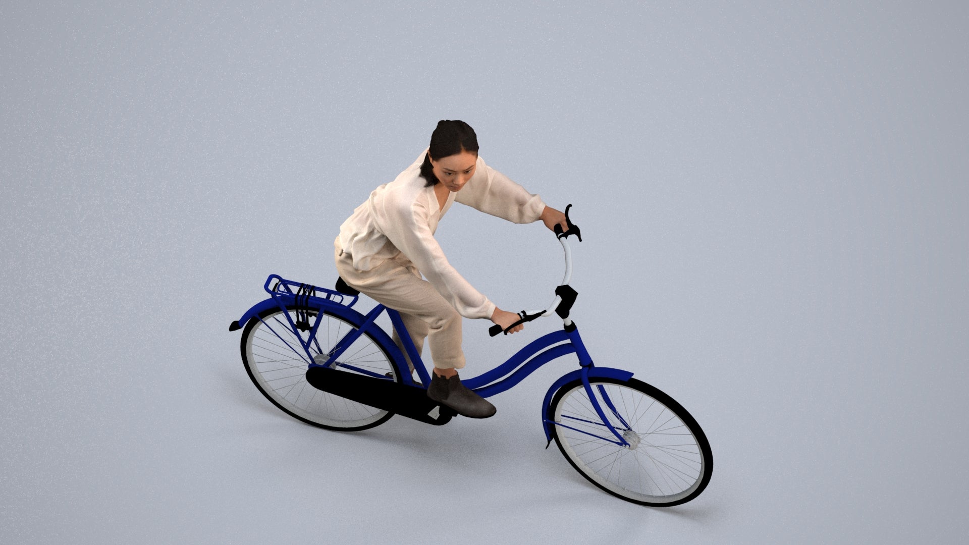 3D human model woman casual cycling, photogrammetry scanned person for archviz, back view render