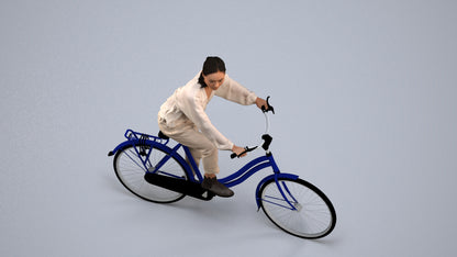 3D human model woman casual cycling, photogrammetry scanned person for archviz, back view render
