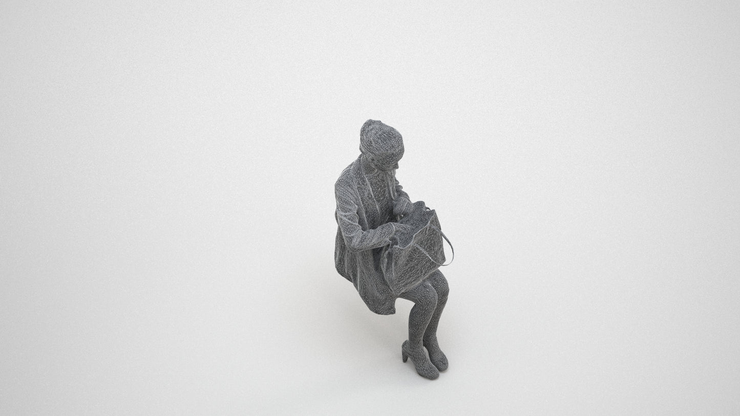 realistic 3D people woman business sitting, render-ready for V-Ray and Corona, FBX OBJ, wireframe three-quarter view