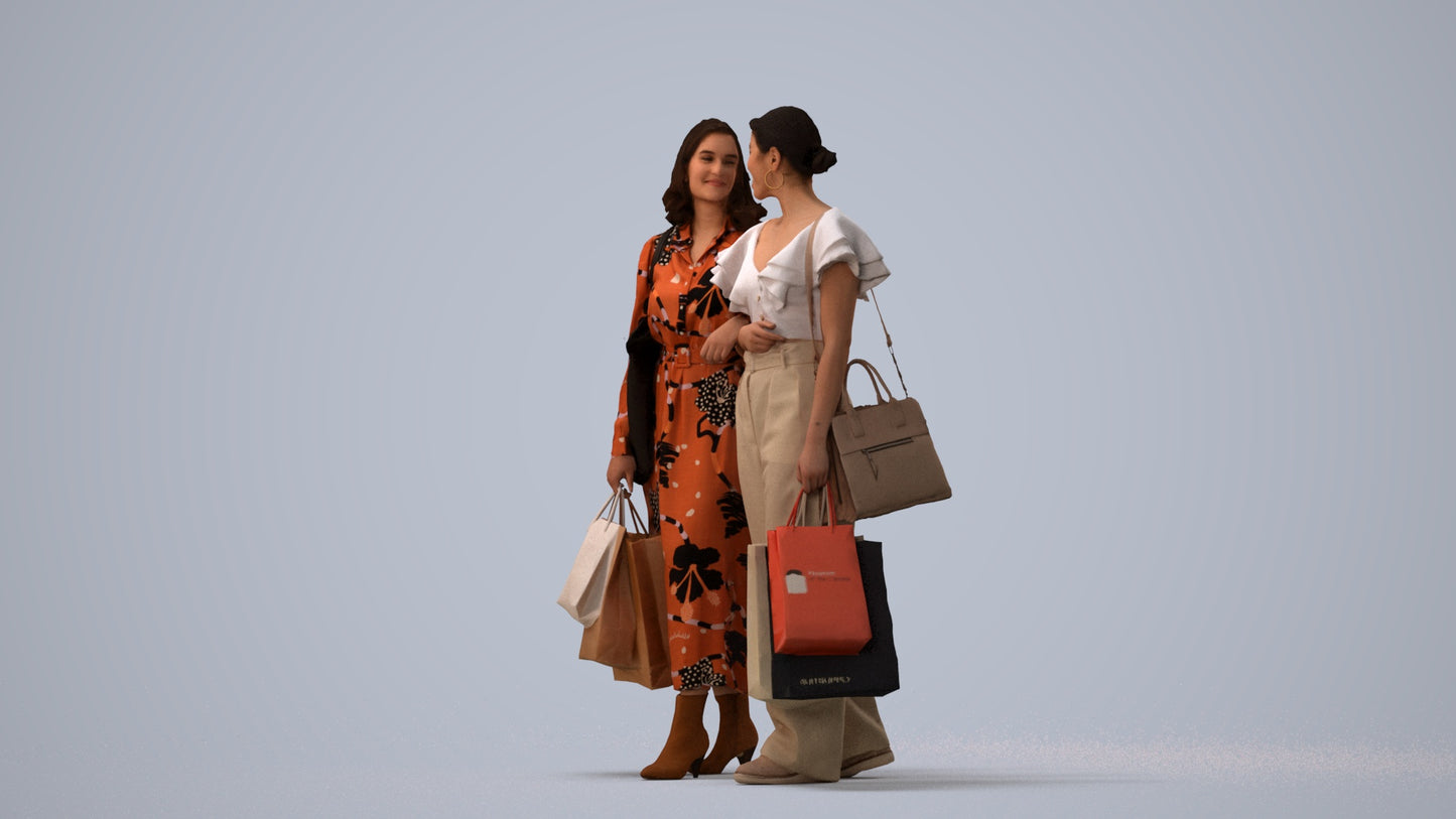 realistic 3D human woman shopping, archviz people FBX OBJ for Blender, three-quarter view render