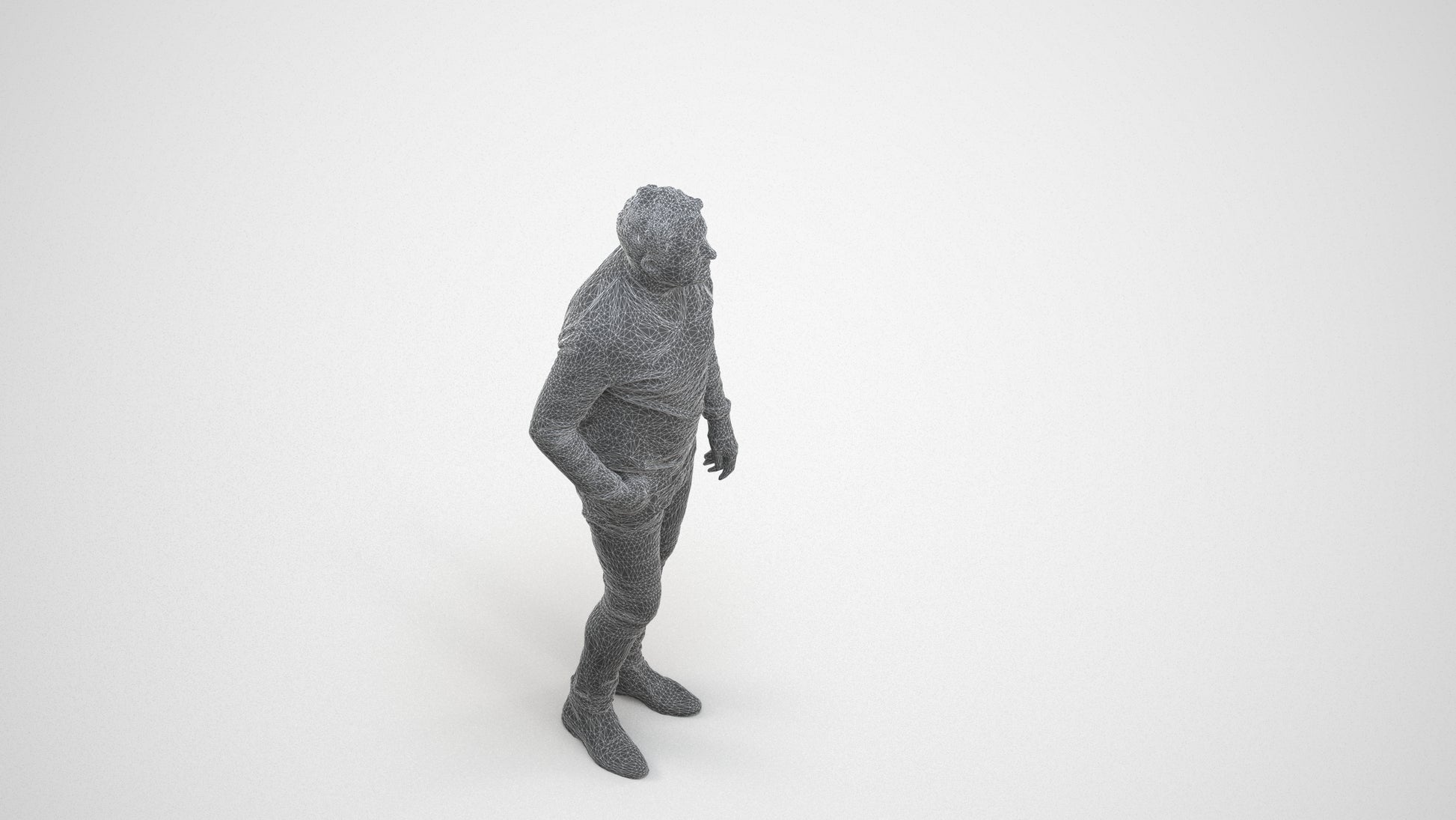 3D human model man casual standing, photogrammetry scanned person for archviz, wireframe three-quarter view