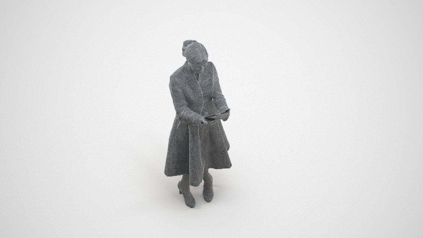 3D people model senior woman business standing, scanned human for 3ds Max rendering, wireframe three-quarter view