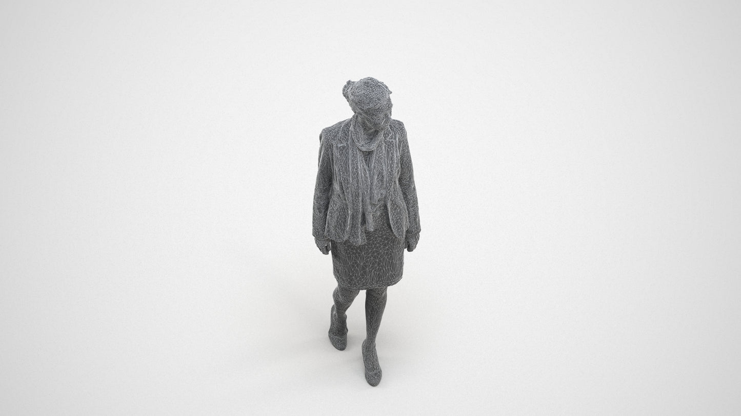 realistic 3D human woman business walking, archviz people FBX OBJ for Blender, wireframe three-quarter view