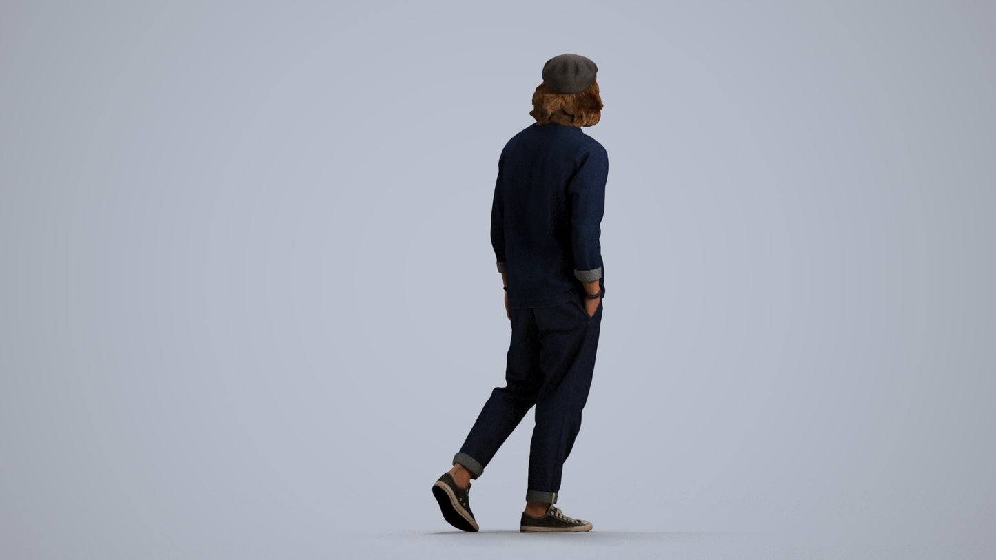 3D human model man casual walking, photogrammetry scanned person for archviz, front view render