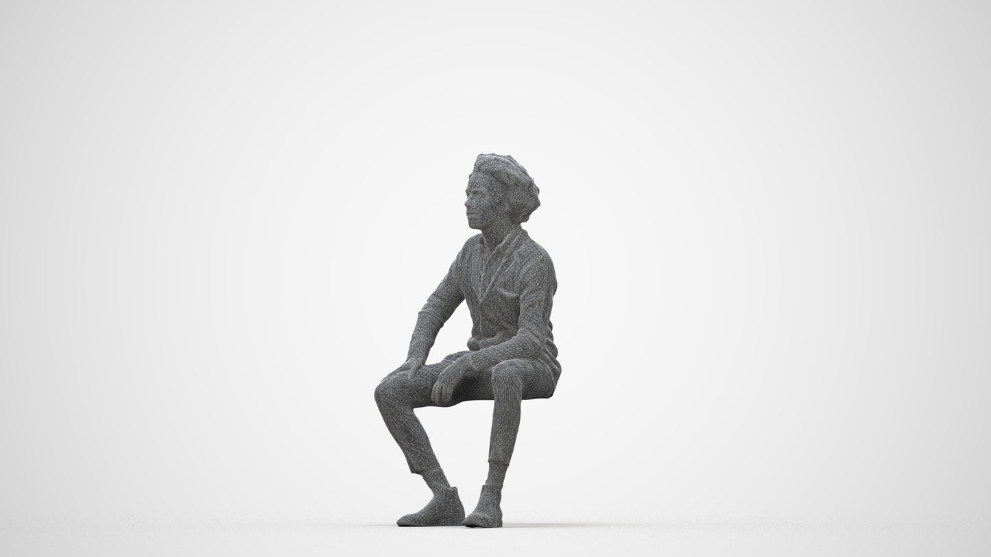 3D human model man business sitting, photogrammetry scanned person for archviz, wireframe back view
