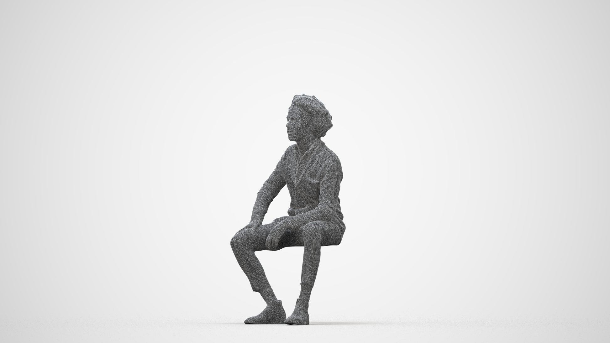 3D human model man business sitting, photogrammetry scanned person for archviz, wireframe back view