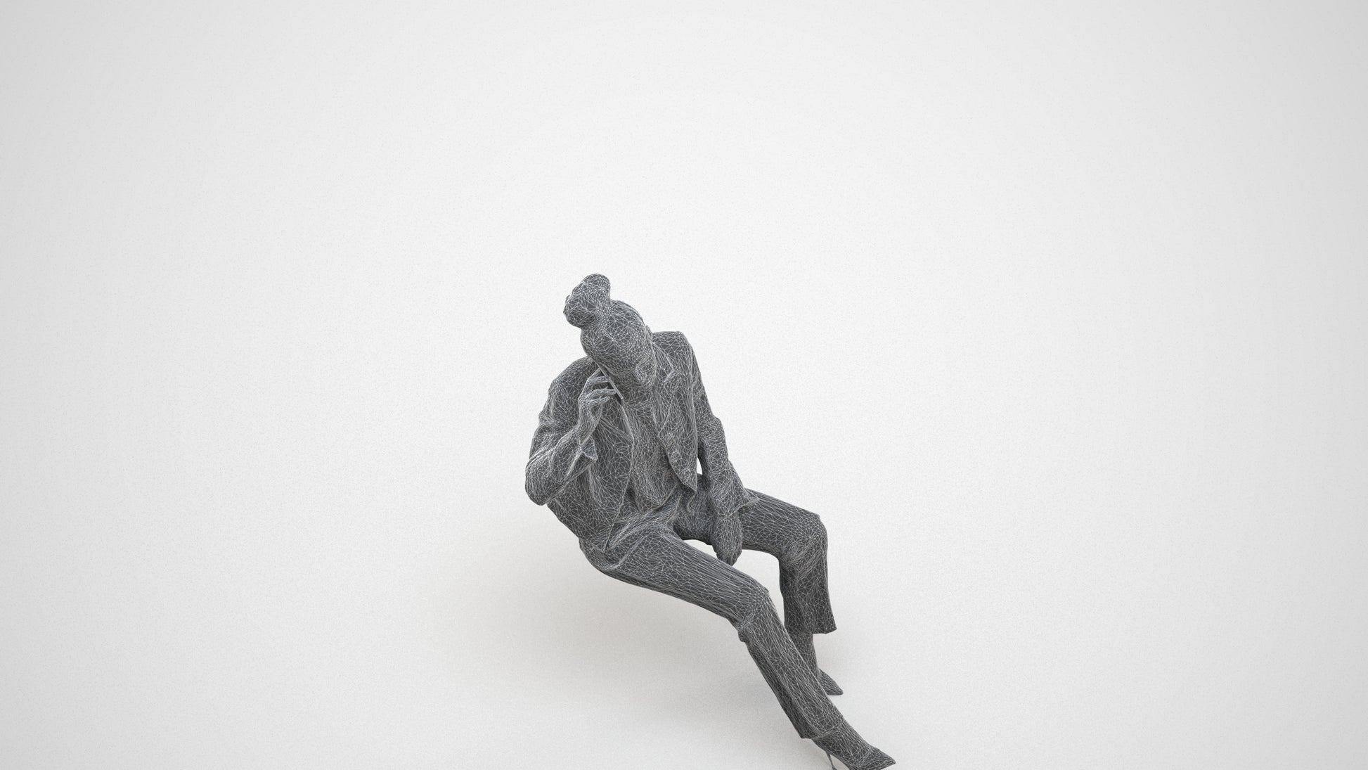 3D human model woman business sitting, photogrammetry scanned person for archviz, wireframe three-quarter view