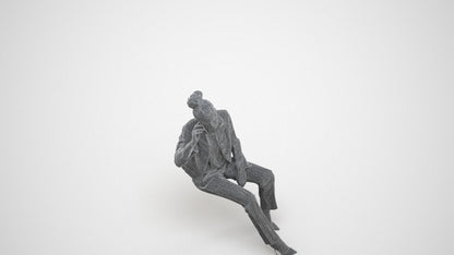 3D human model woman business sitting, photogrammetry scanned person for archviz, wireframe three-quarter view