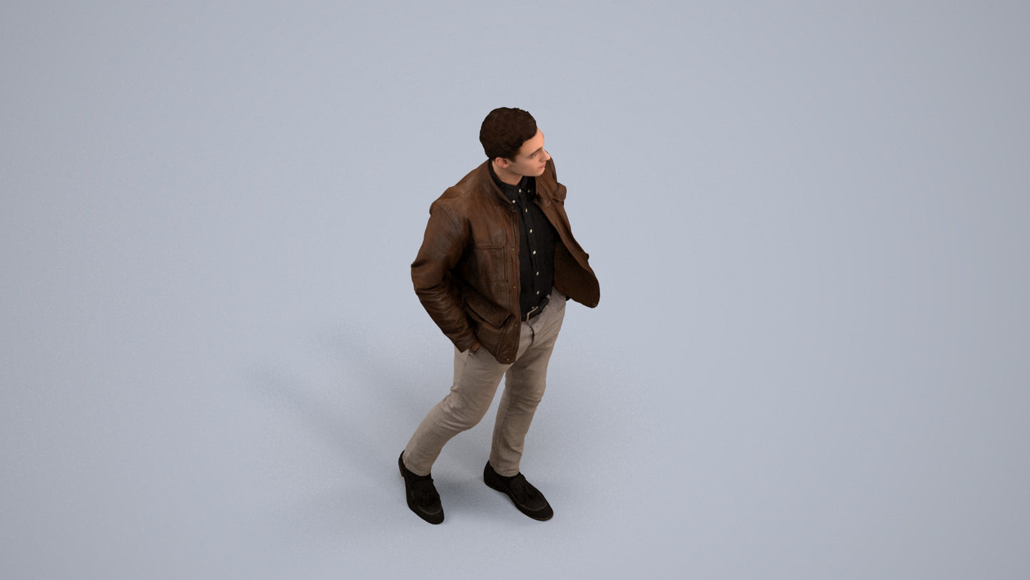 3D human model man casual walking, photogrammetry scanned person for archviz, back view render