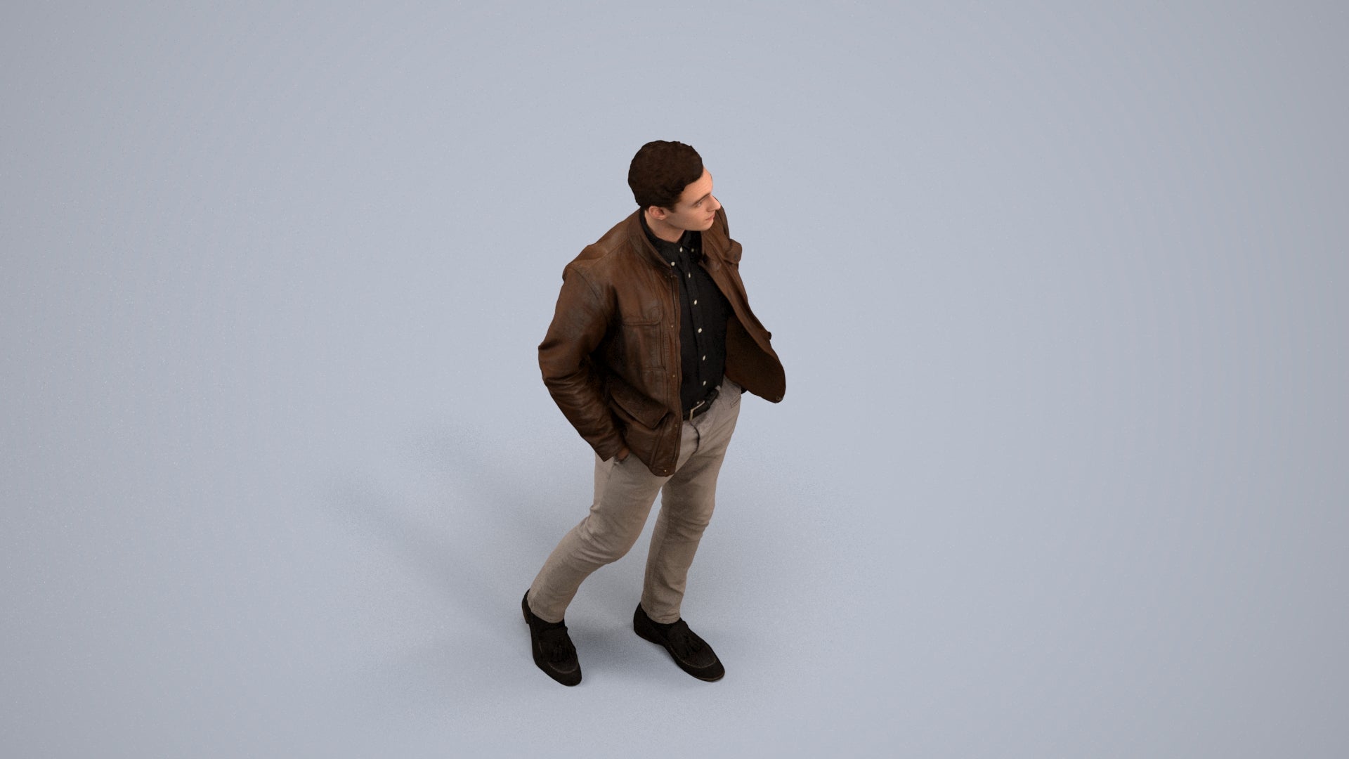3D human model man casual walking, photogrammetry scanned person for archviz, back view render