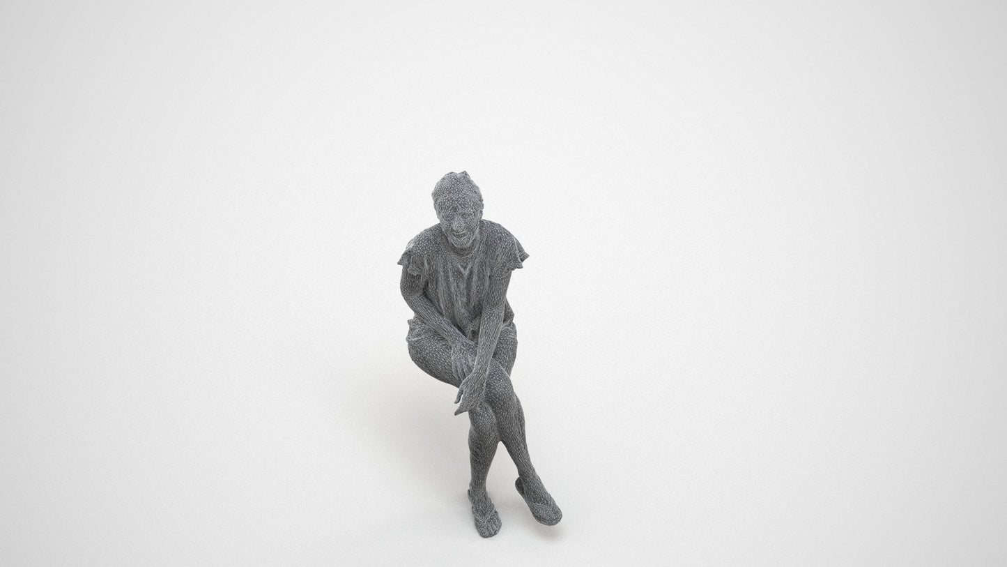 realistic 3D human woman casual sitting, archviz people FBX OBJ for Blender, wireframe three-quarter view