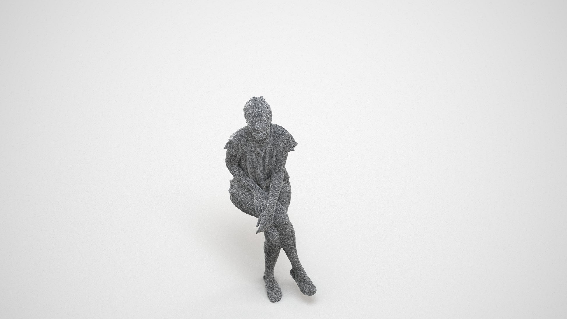 realistic 3D human woman casual sitting, archviz people FBX OBJ for Blender, wireframe three-quarter view
