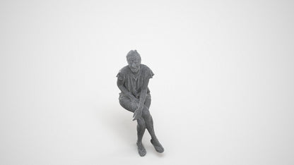 realistic 3D human woman casual sitting, archviz people FBX OBJ for Blender, wireframe three-quarter view