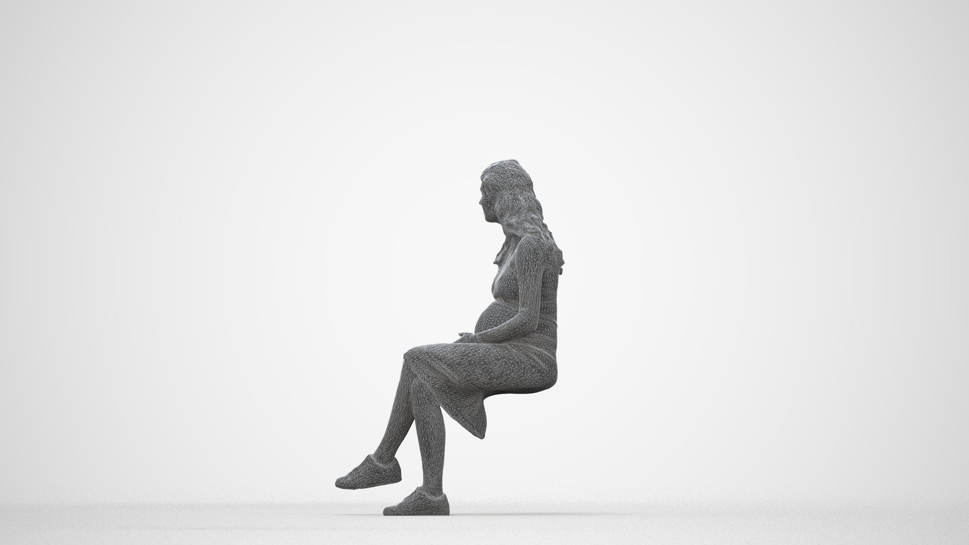 3D human model woman casual sitting, photogrammetry scanned person for archviz, wireframe back view