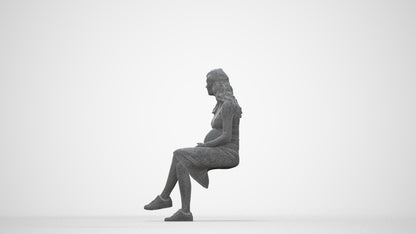 3D human model woman casual sitting, photogrammetry scanned person for archviz, wireframe back view