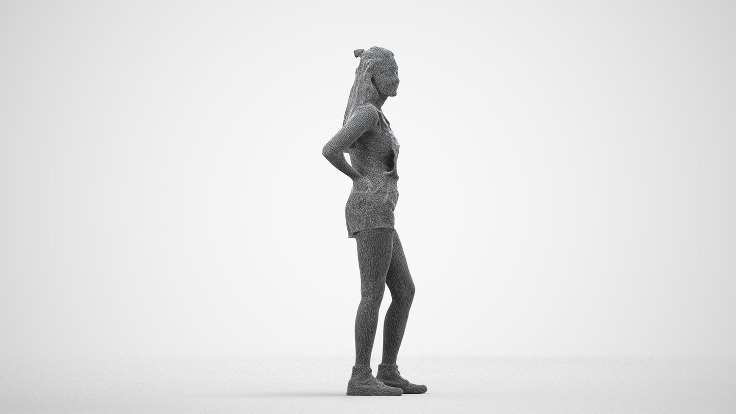 3D human model woman casual standing, photogrammetry scanned person for archviz, wireframe side view