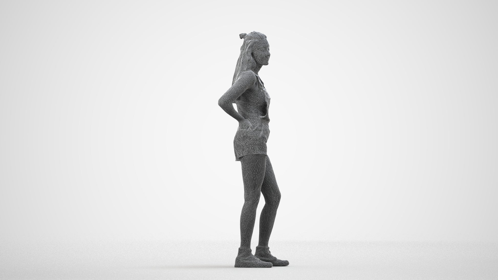 3D human model woman casual standing, photogrammetry scanned person for archviz, wireframe side view