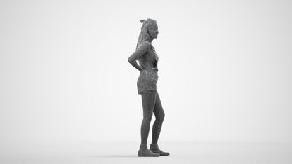 3D human model woman casual standing, photogrammetry scanned person for archviz, wireframe side view