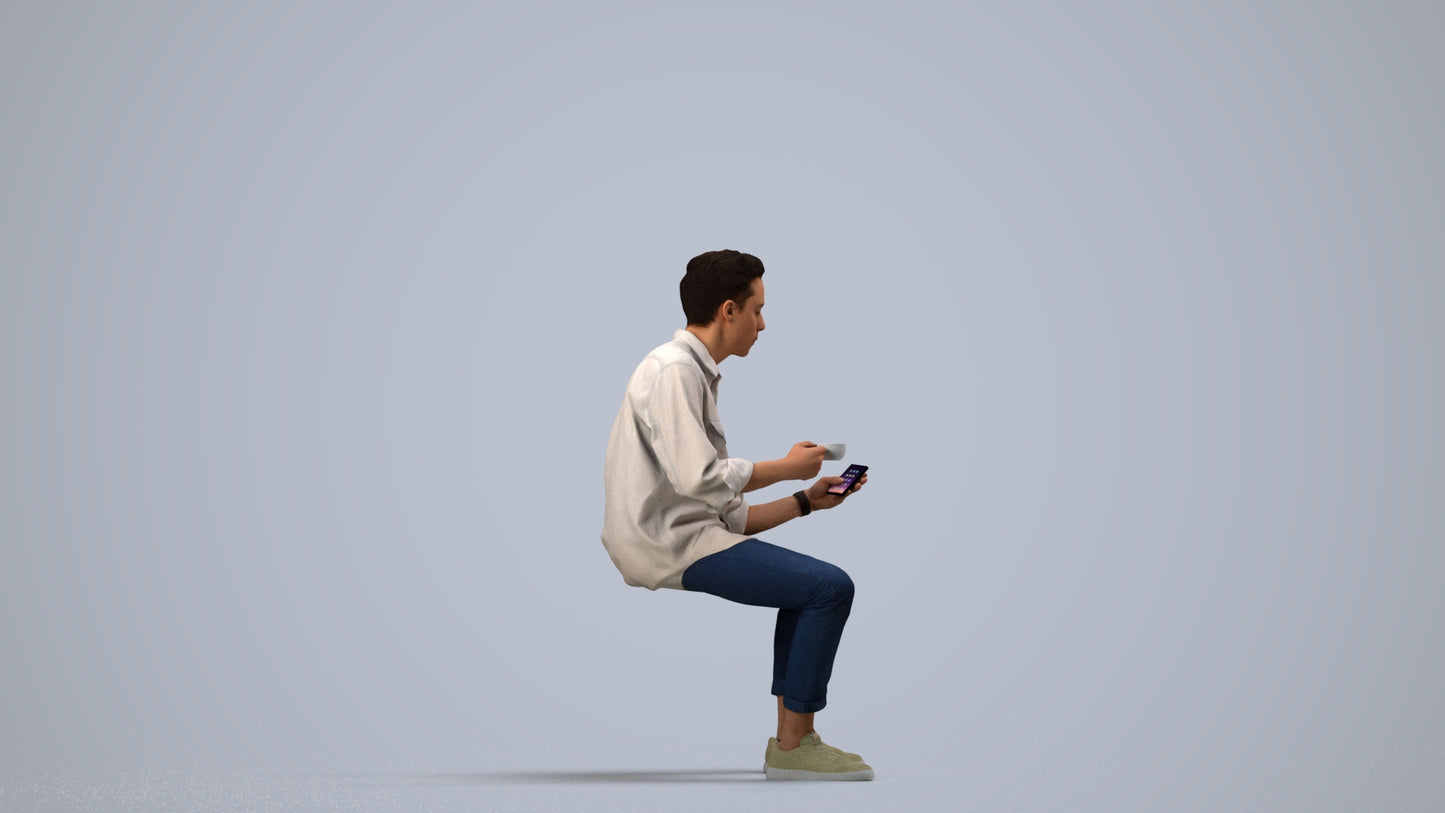 3D human model man casual sitting, photogrammetry scanned person for archviz, side view render