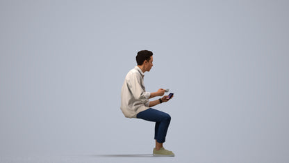 3D human model man casual sitting, photogrammetry scanned person for archviz, side view render